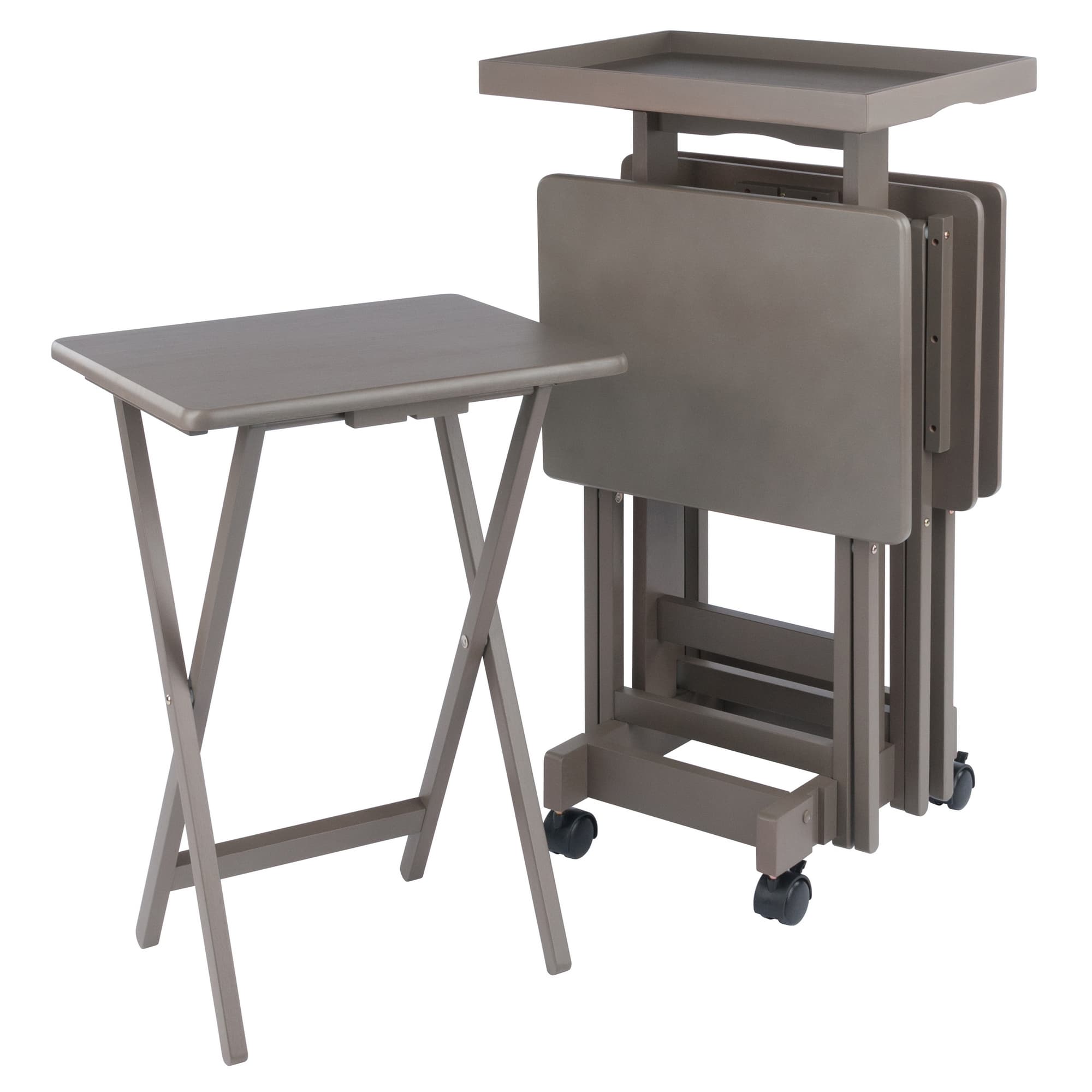 ISABELLE 4 Snack Tables with Stand & Removable Tray, Oyster Gray Finish