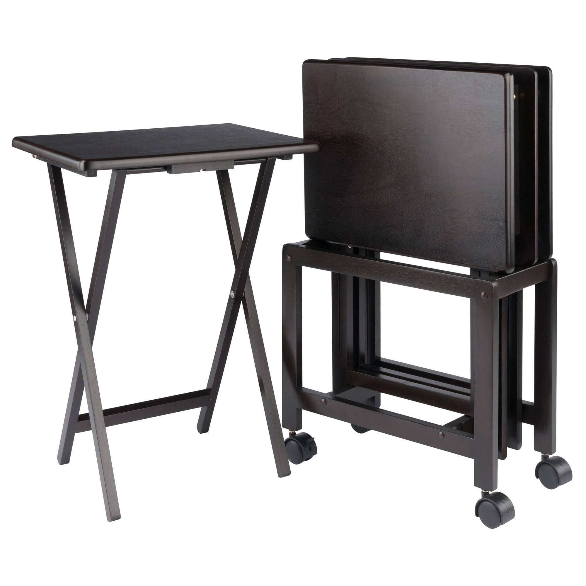 ALLEN 4 Snack Tables with Stand, Coffee Finish