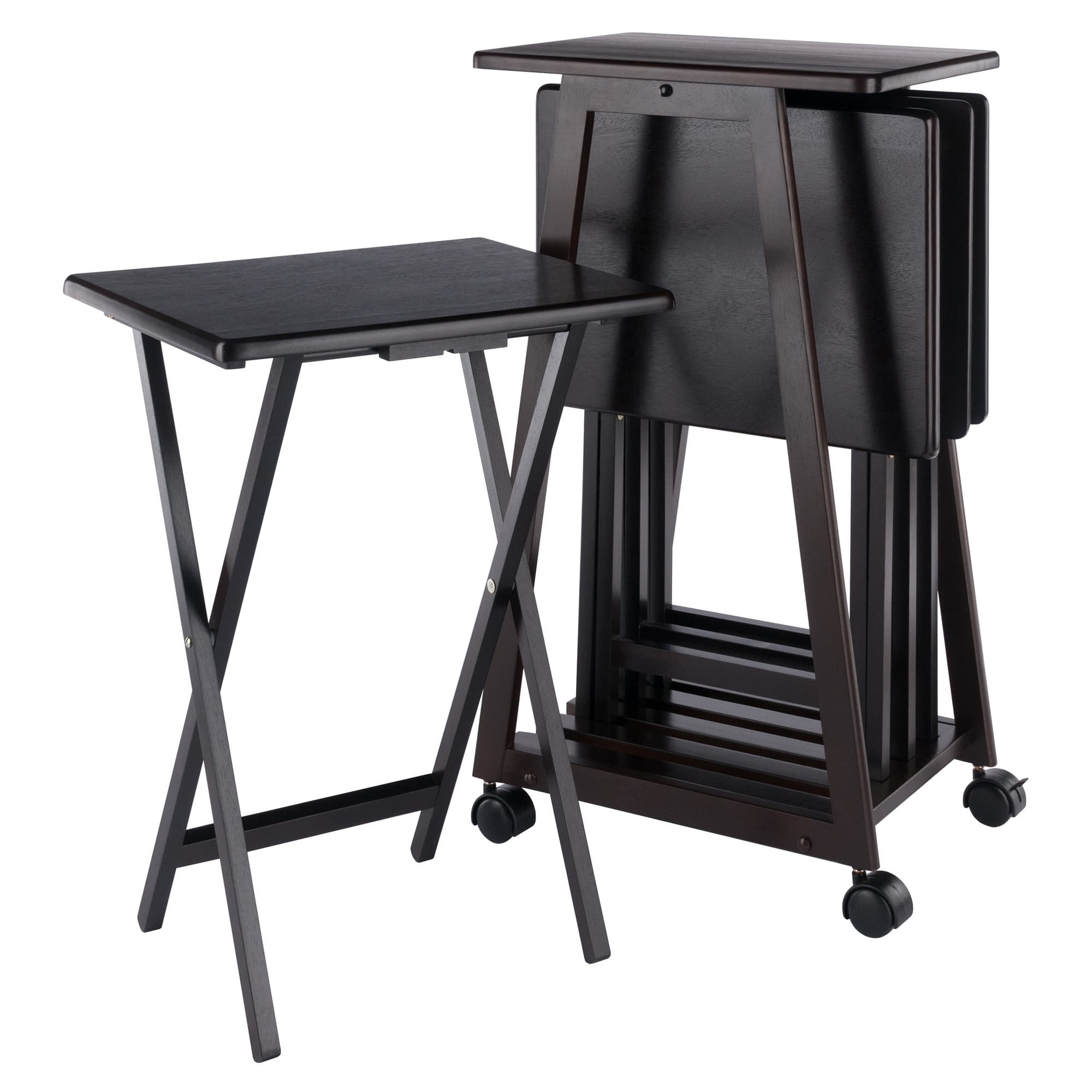 ADRIEL 4 Snack Tables with a-Frame Stand, Coffee Finish