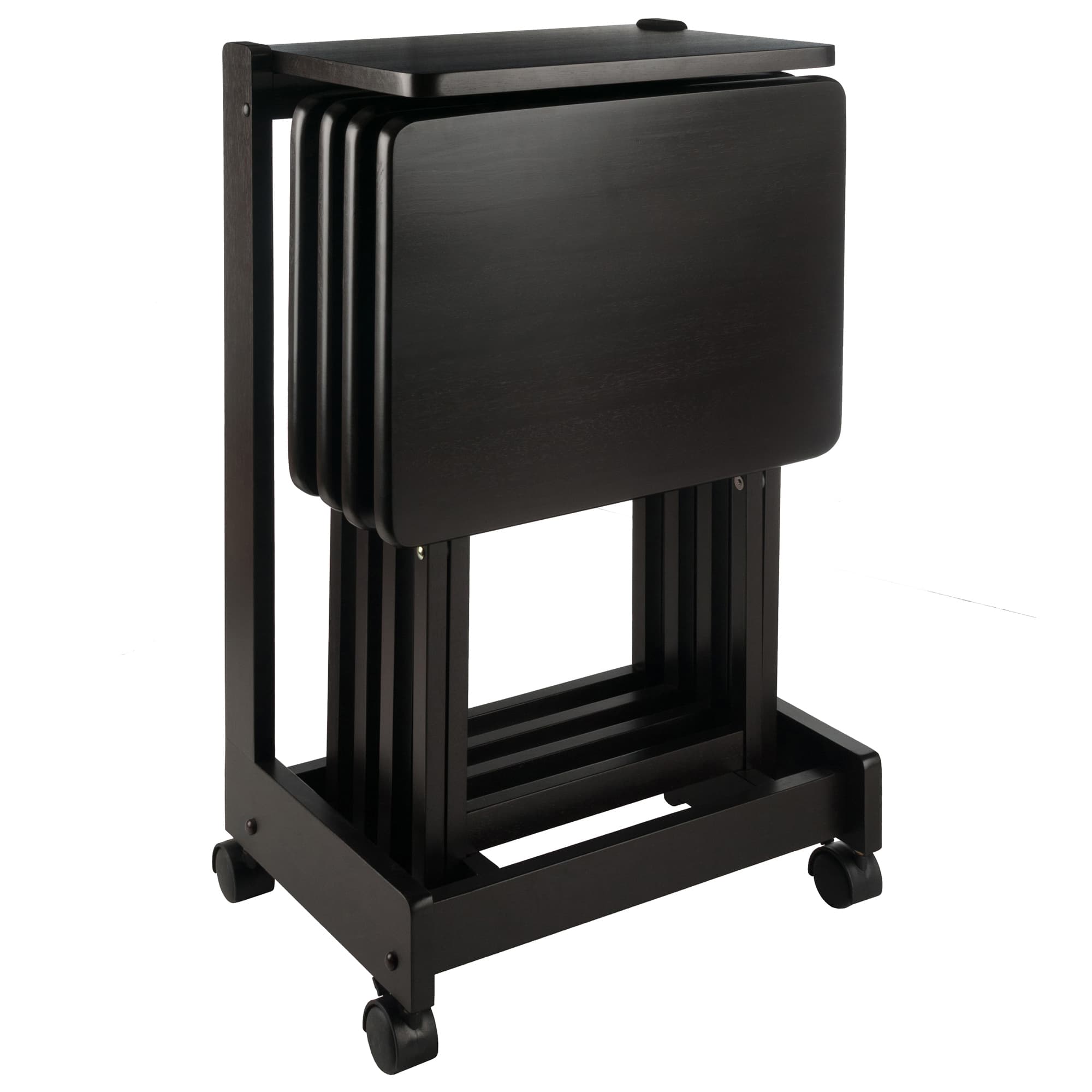 BRIENDA 4 Snack Tables with Flip Top Stand, Coffee Finish