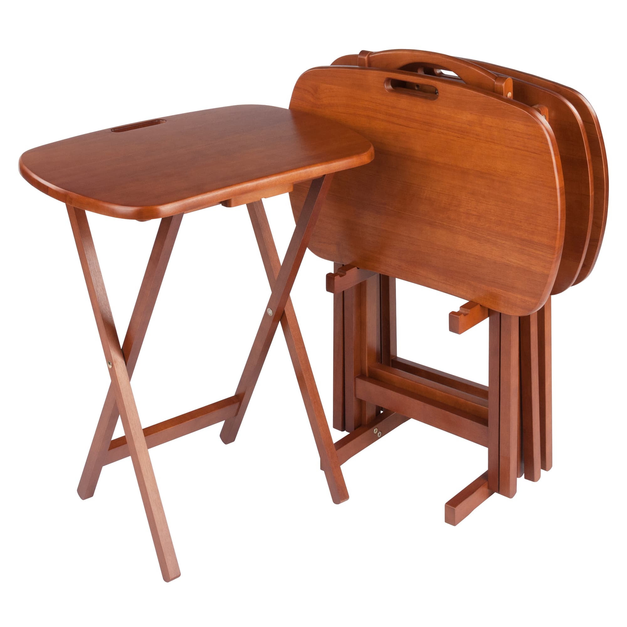 LUCCA 4 Snack Tables with Stand, Teak Finish