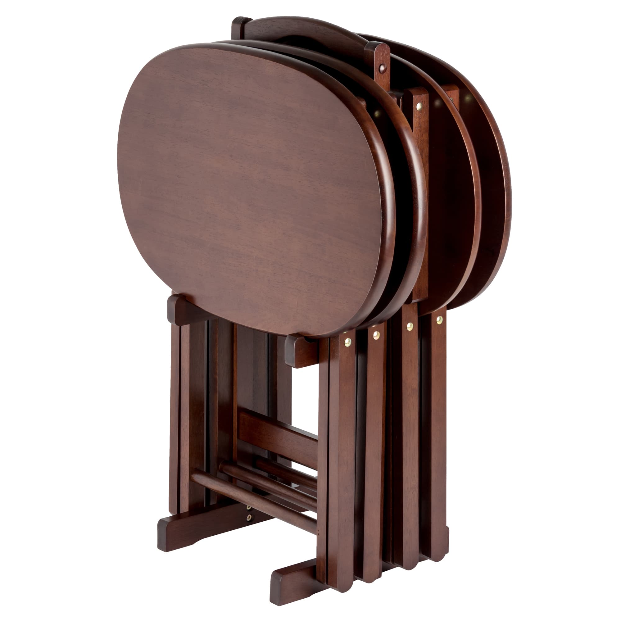 NATHAN 4 Oval Shape Snack Tables with Stand, Cappuccino Finish