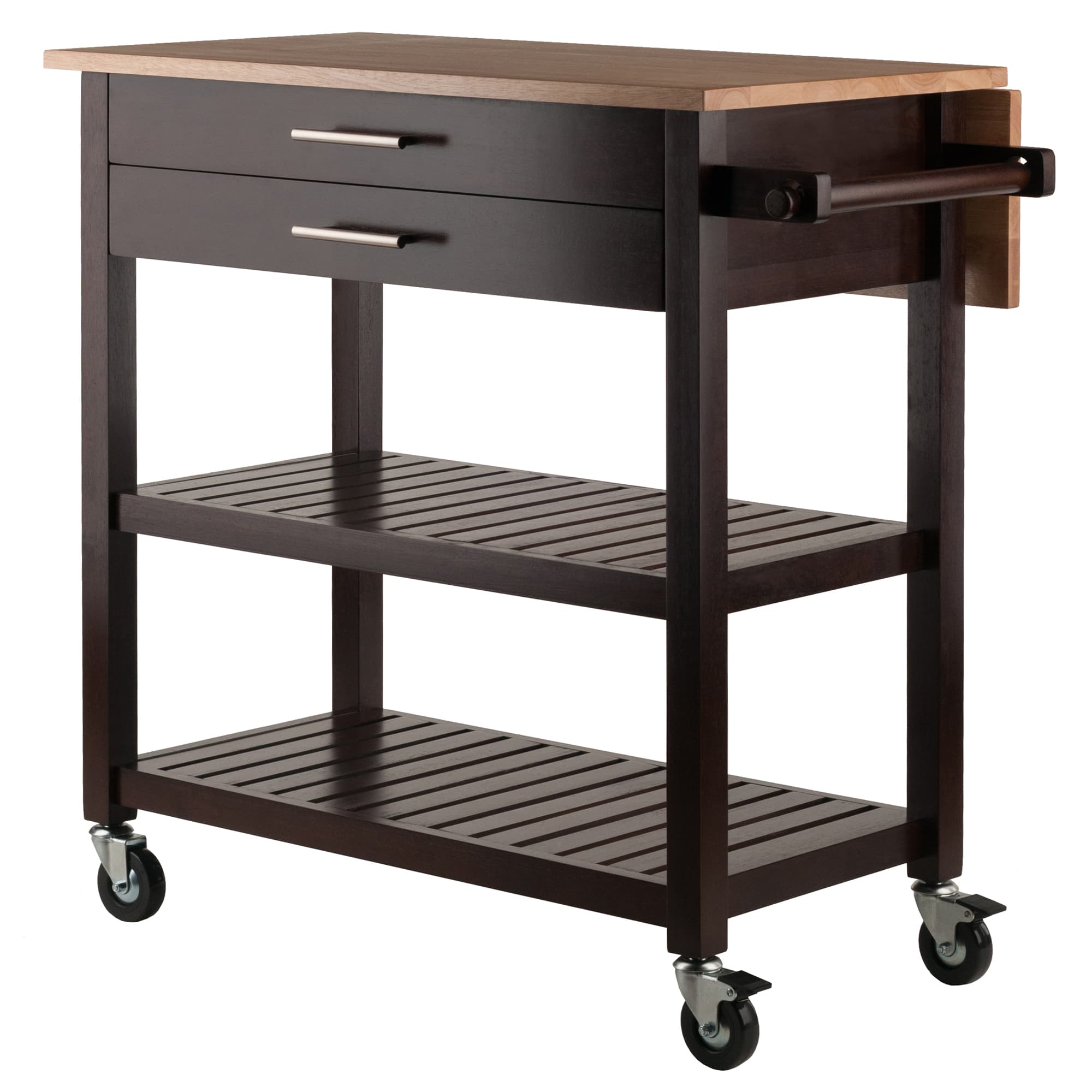 LANGDON Kitchen Cart with Drop Leaf, 2 Drawers & 2 Shelves, Cappuccino/Natural Finish