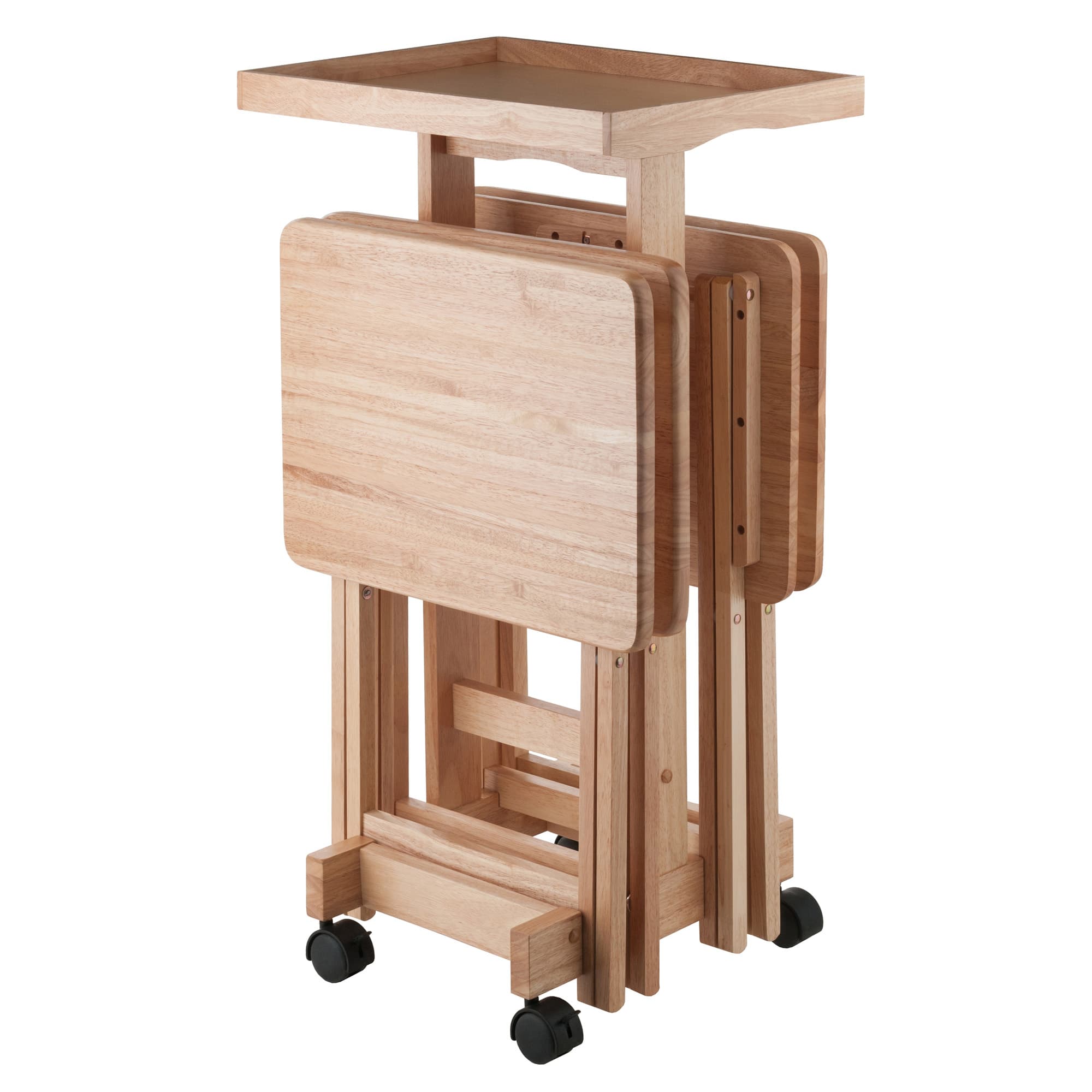 ISABELLE 4 Snack Tables with Stand & Removable Tray, Natural Finish