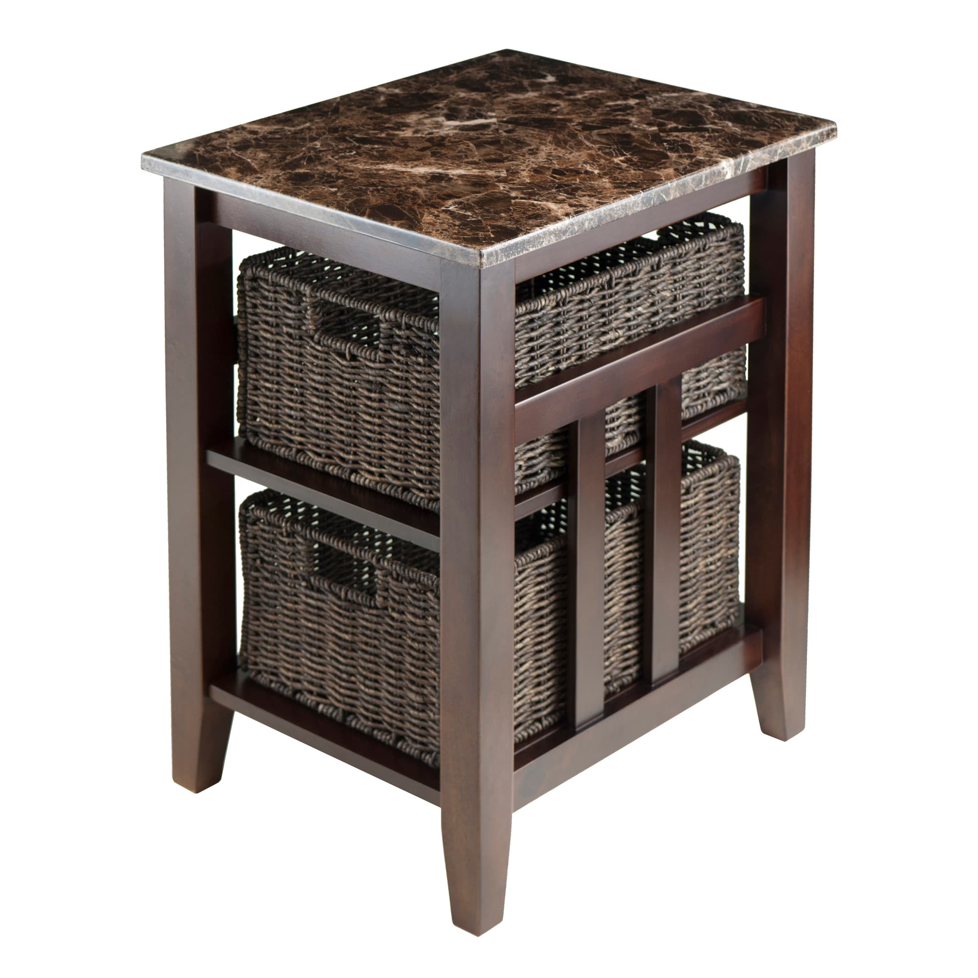 ZOEY Side Table with Faux Marble Top & 2 Baskets, Walnut/Chocolate Finish