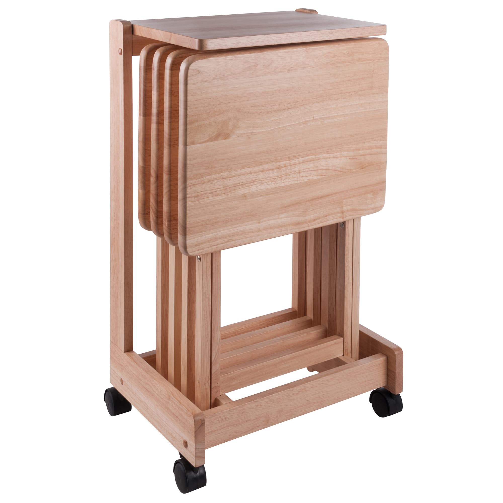 BRIENDA 4 Snack Tables with Flip Top Stand, Natural Finish