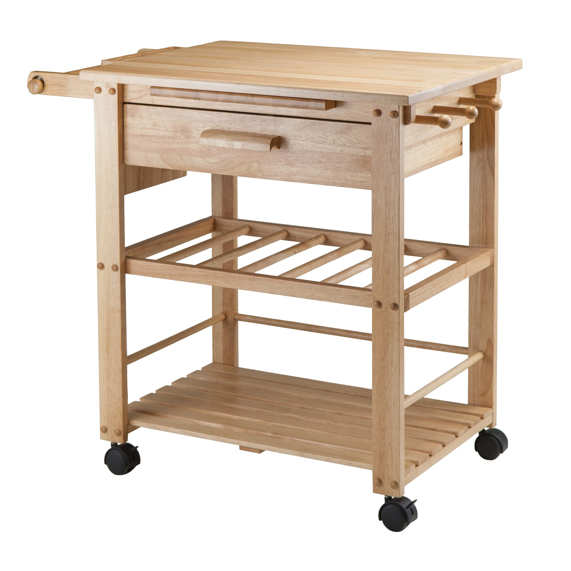 FINLAND Kitchen Cart with Drawer,Cutting Board & Bottle Holders, Natural Finish