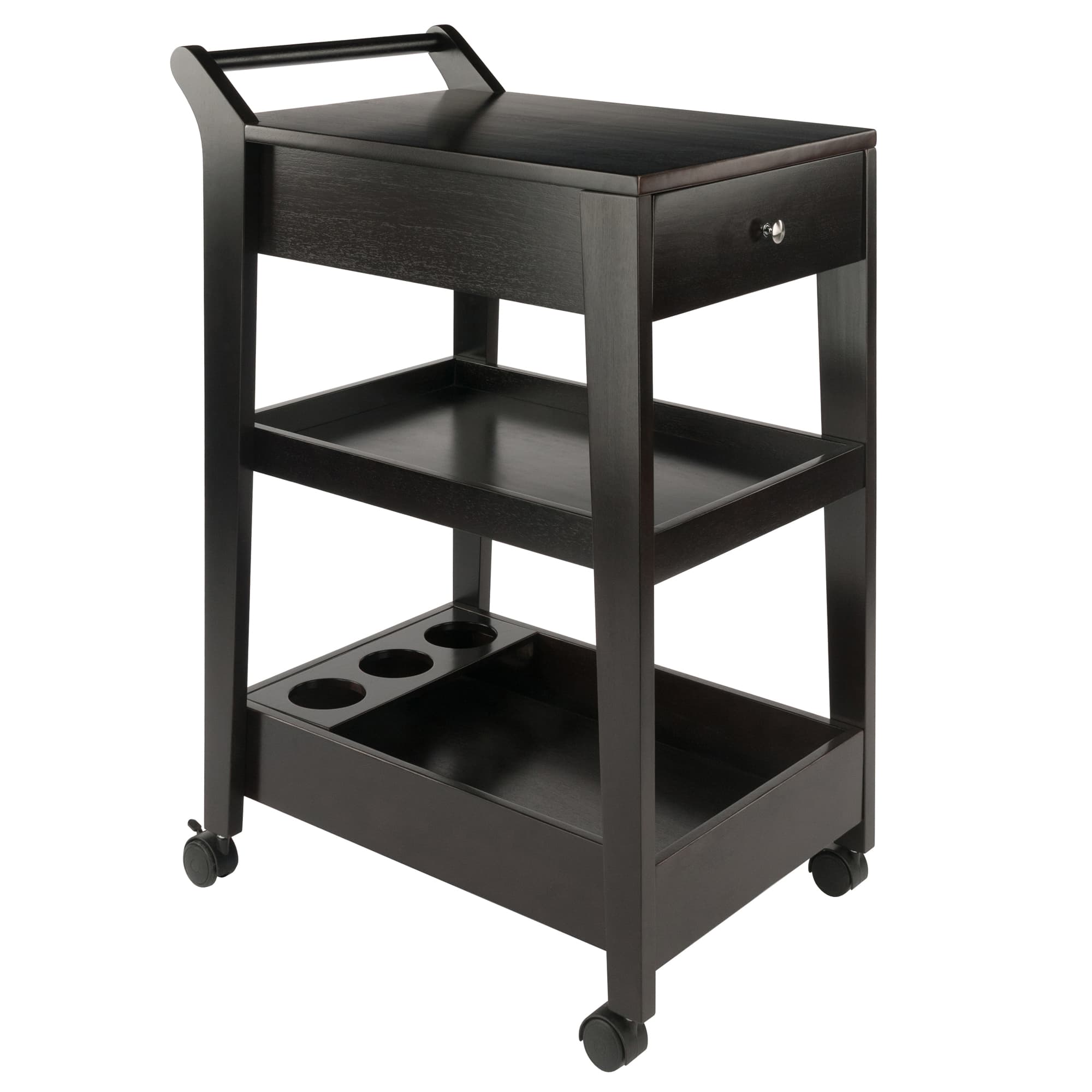 JESTON Entertainment Cart with 2 Drawers, 2 Trays & 3-Bottle Holder, Espresso Finish