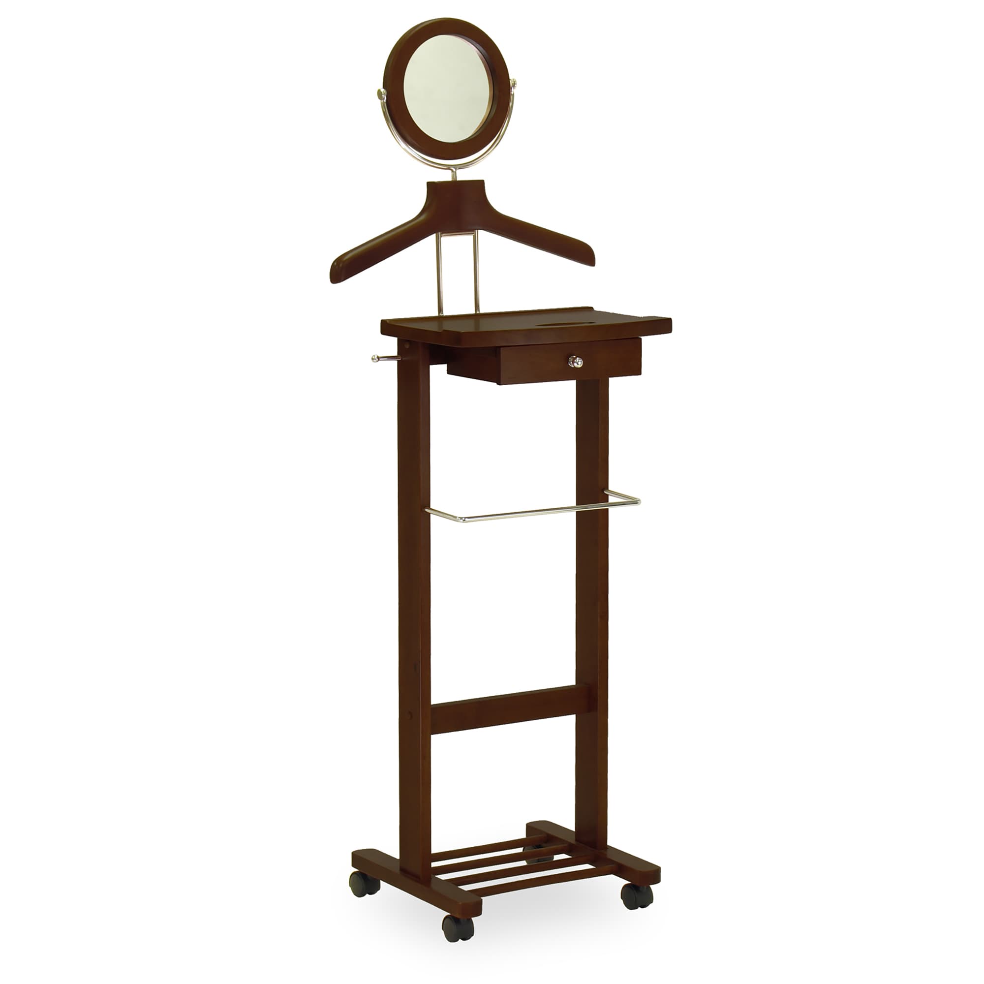 VANITY Valet Stand with Mirror and Drawer, Walnut Finish