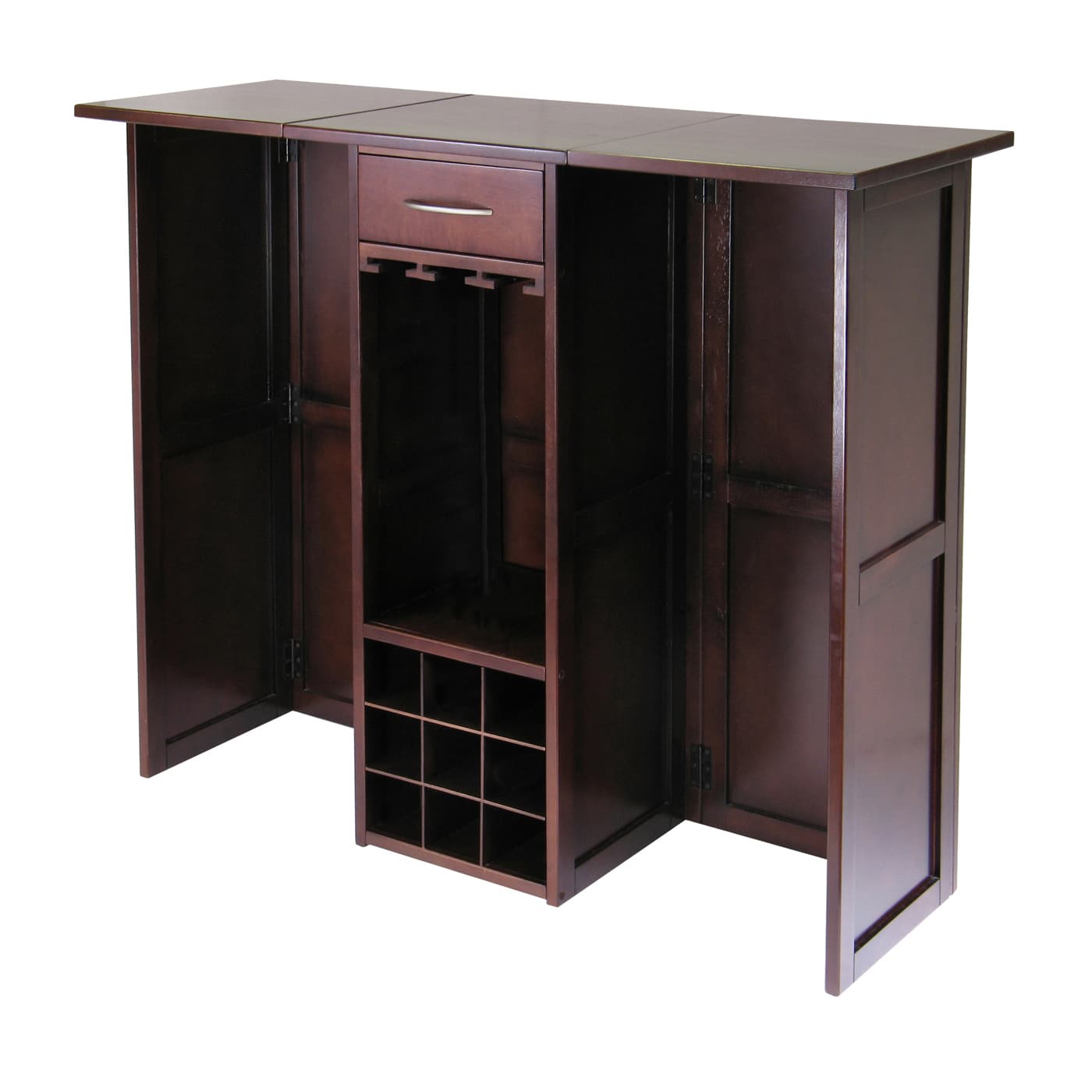 NEWPORT Wine Bar with Drawer,Glass Hanger & 9-Bottle Cubby, Walnut Finish