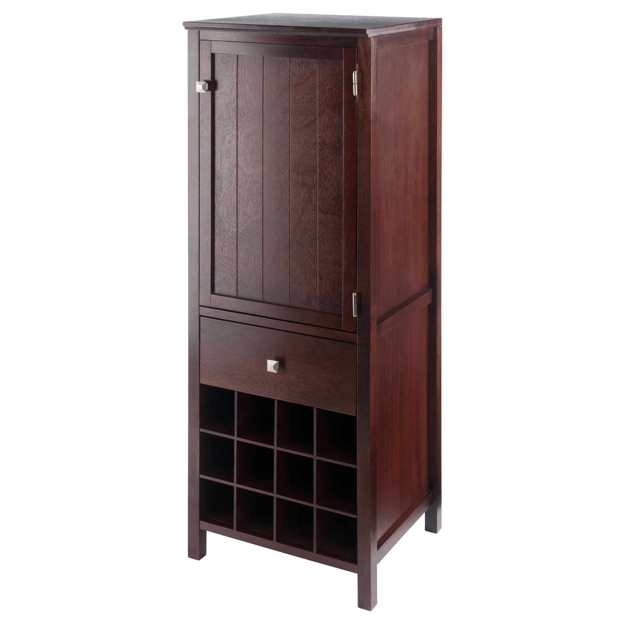 BROOKE Storage Cabinet with Door,Drawer & 12-Bottle Cubby, Walnut Finish