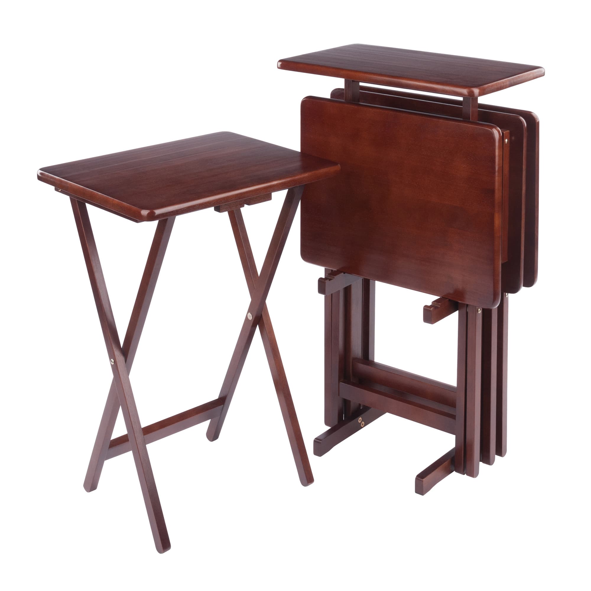 RILEY 4 Snack Tables with Stand, Walnut Finish