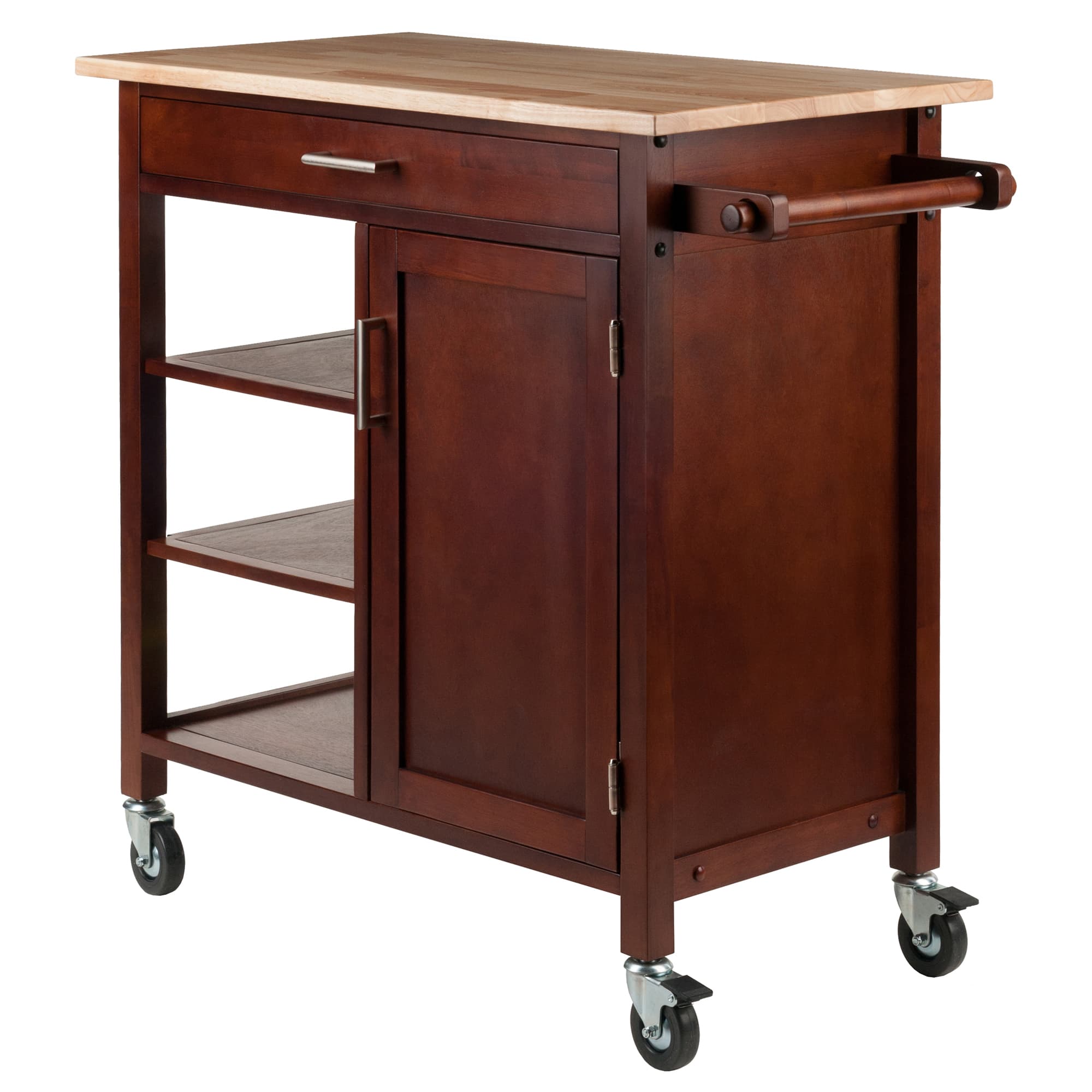 MARISSA Kitchen Cart with Drawer, Door & 3 Shelves, Walnut/Natural Finish