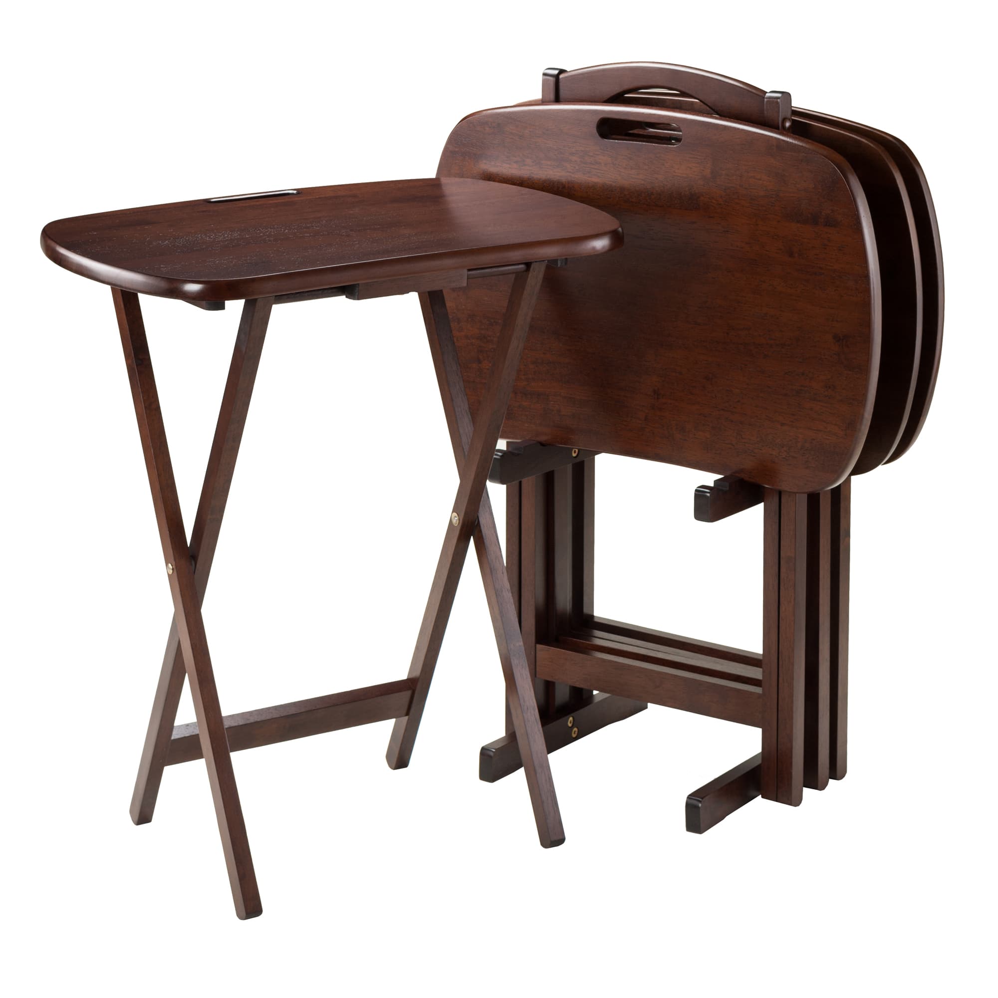 LUCCA 4 Snack Tables with Stand, Walnut Finish