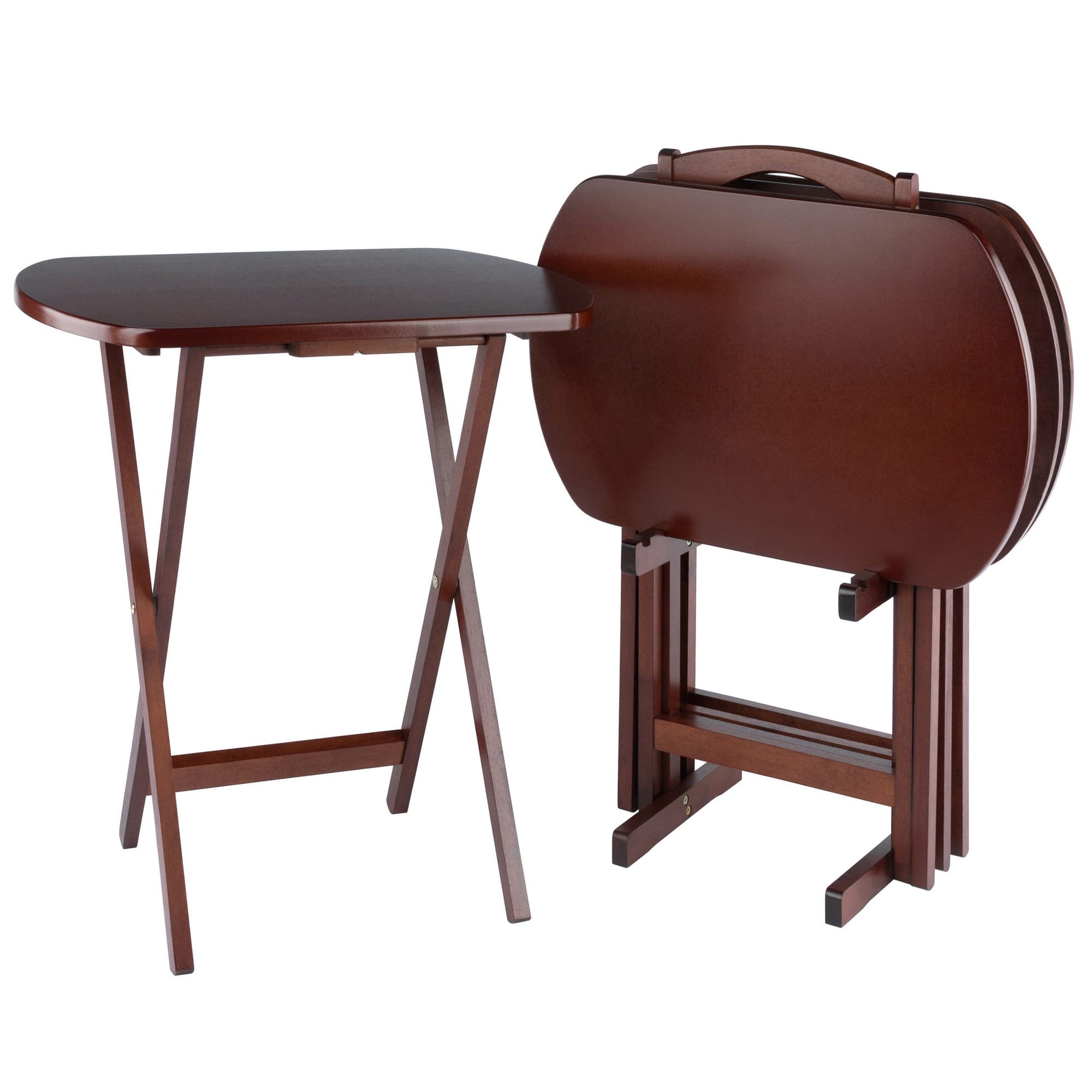 CORBETT 4 Snack Tables with Stand, Walnut Finish
