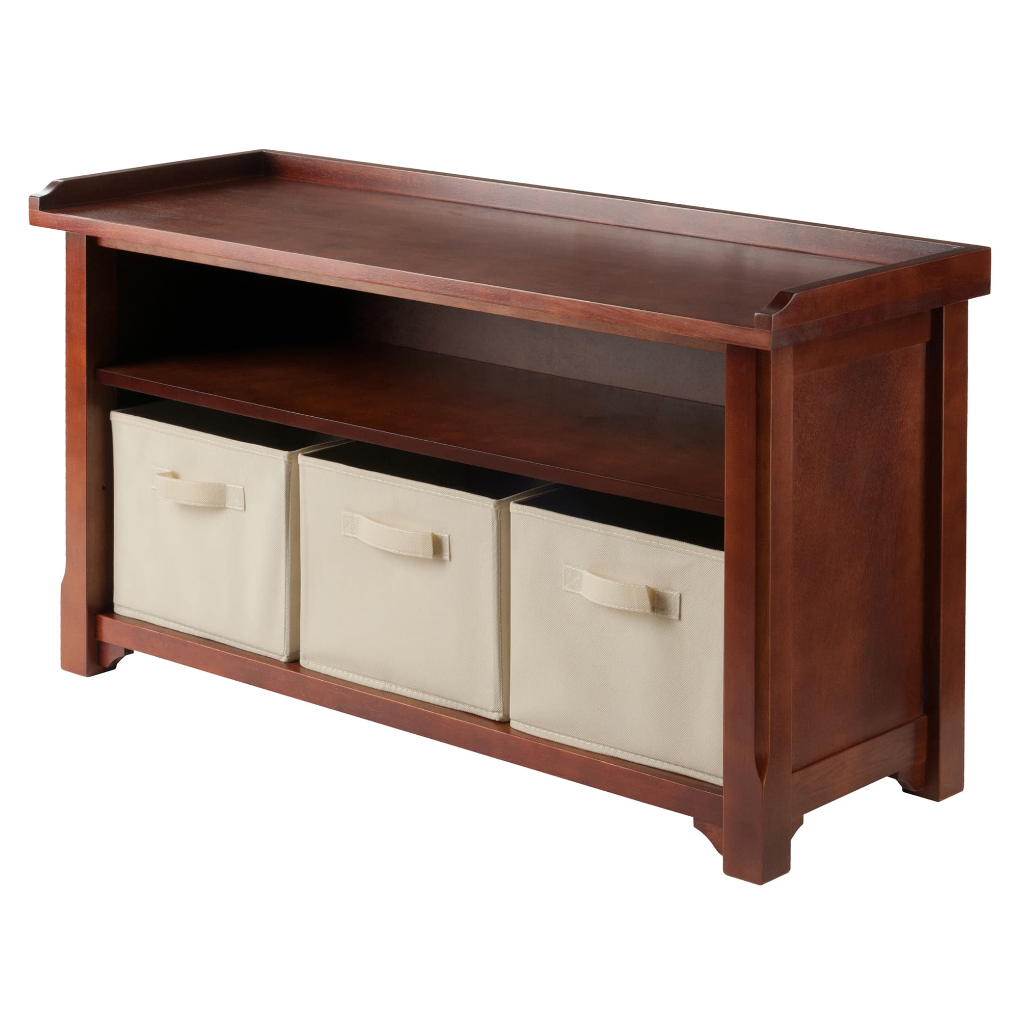 VERONA Storage Hall Bench with 3 CAPRI Folding Baskets, Walnut/Beige Finish