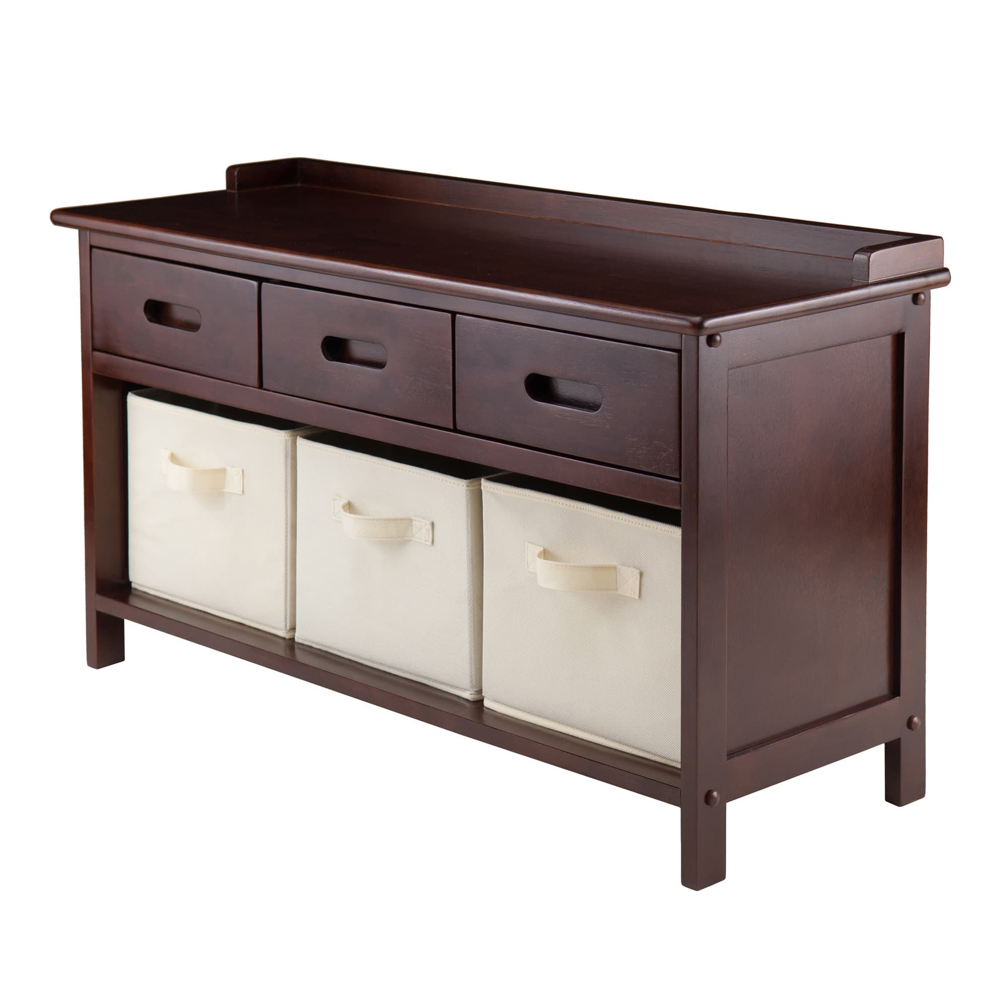 ADRIANA Storage Hall Bench with 3 CAPRI Folding Baskets, Walnut/Beige Finish