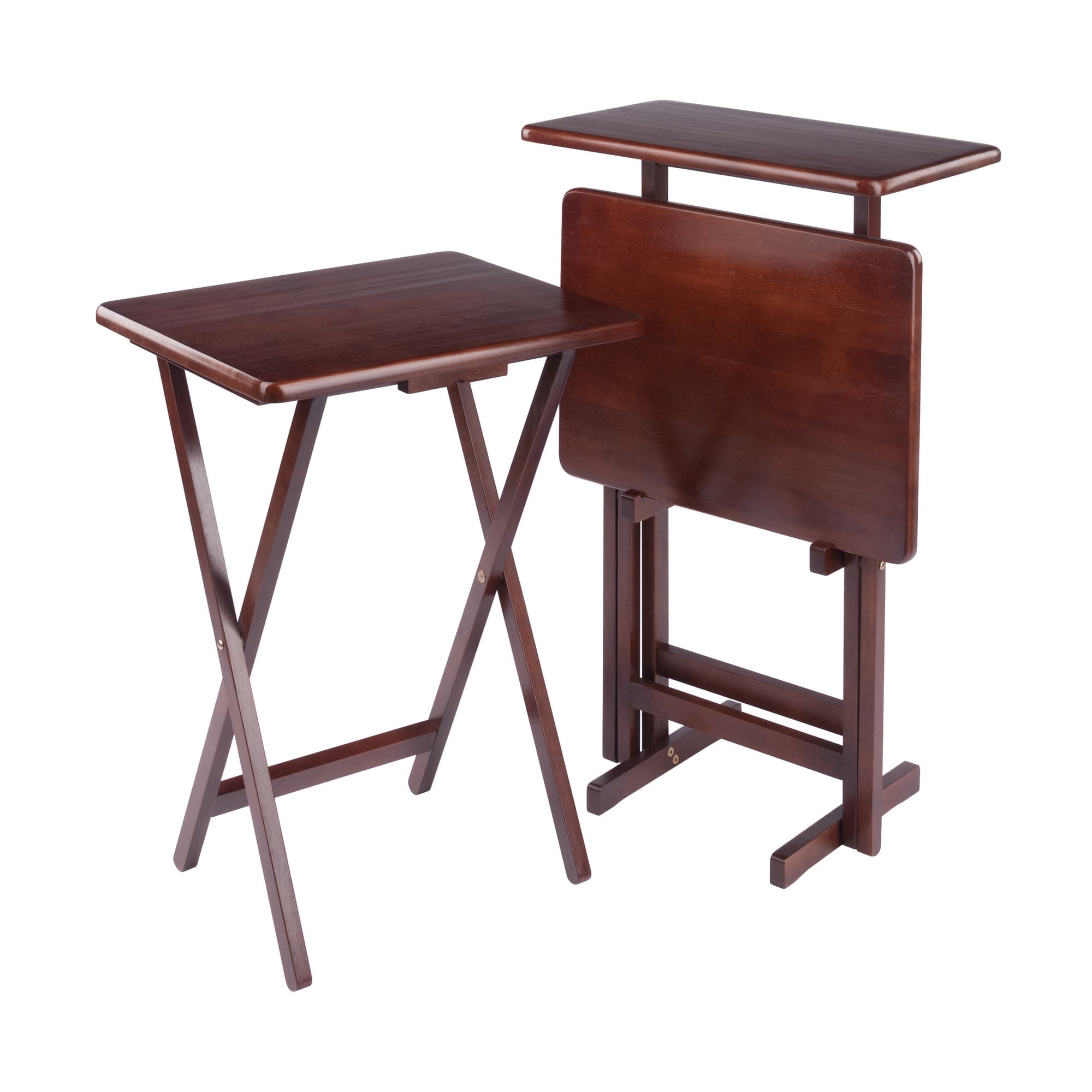 RILEY 2 Snack Tables with Stand, Walnut Finish