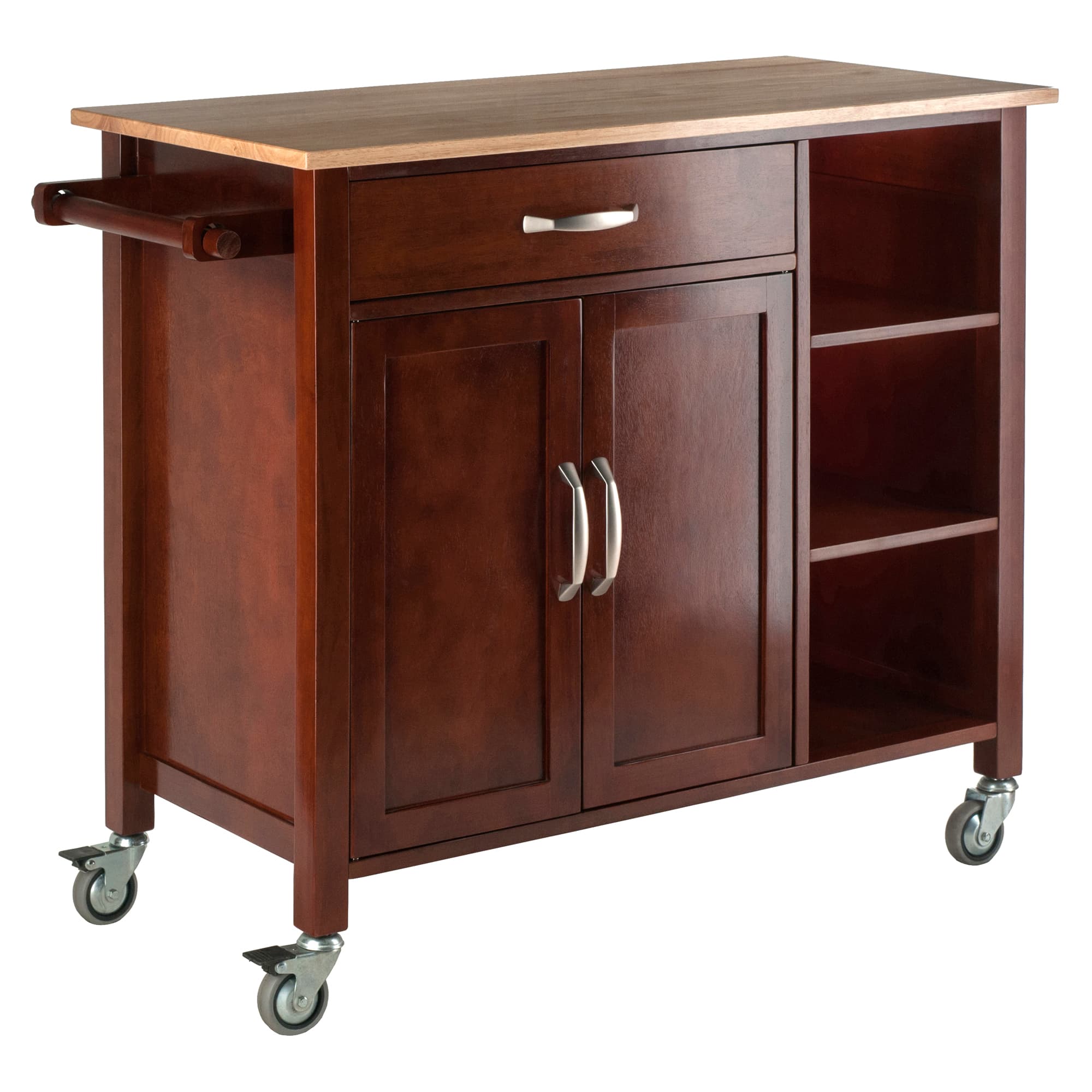 MABEL Kitchen Cart with Drawer,2 Doors & 3 Shelves, Walnut/Natural Finish